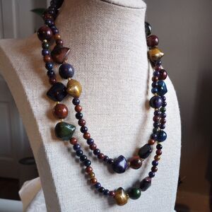 Vintage Chunky Hand Painted gold peacock royal colors Wood Bead Necklace 34"